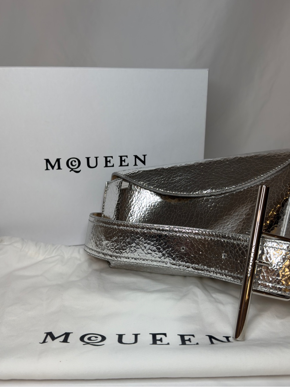 McQueen T-Bar Sling Silver NWT Gift Box 808621
